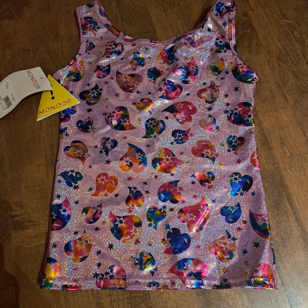 Mondor metallic pink heart pattern sleeveless top gymnastic dance NWT 10-12